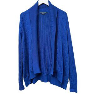 RALPH LAUREN Cable Knit Cardigan Large Blue Open Front Womens Sweater Cotton